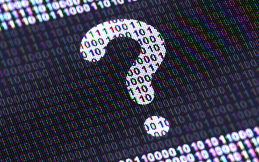 Question mark in the screen with binary code ( array of bits ). 3D Illustration