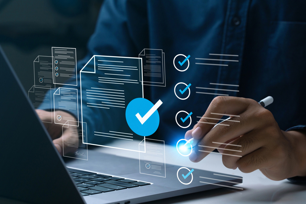 Business performance checklist, Businessman using laptop online survey filling out check digital form task, business performance monitoring and evaluation. online survey question form. online exam