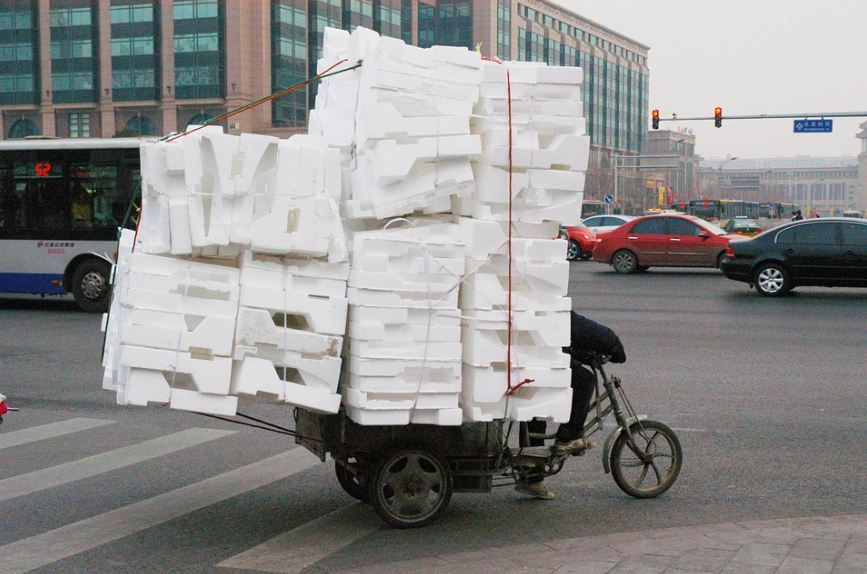 Large quantities of thermocol packaging being transferred from one location to another