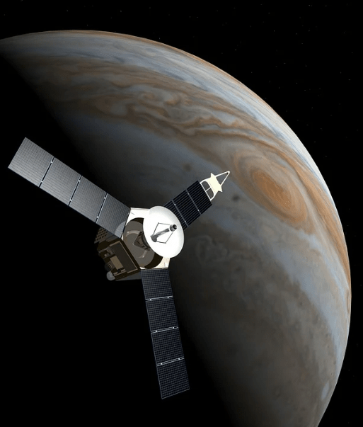 plain black background, big spherical planet, floating satellite