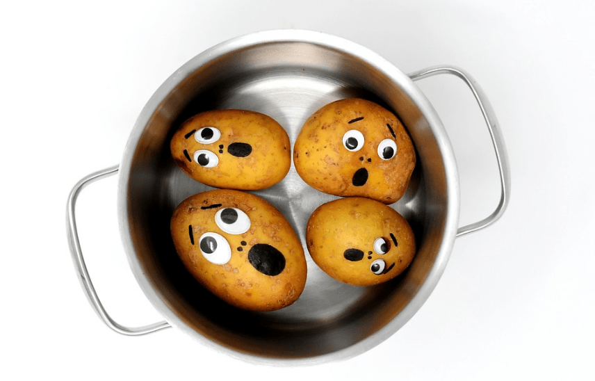 pot, potatoes with frightened faces