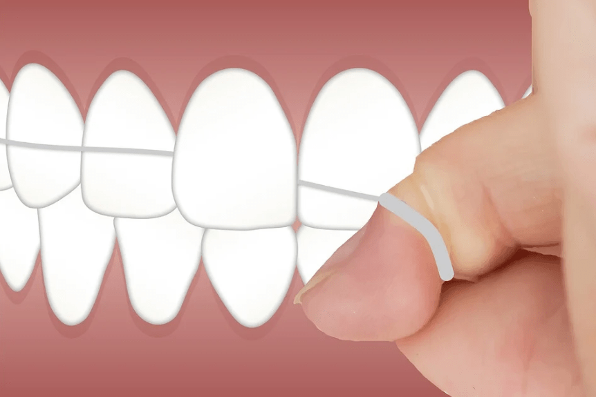 fingers, teeth, gums, a thread of floss