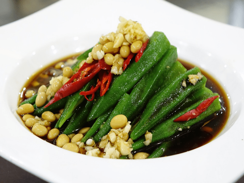 Lady finger okra with beans, and chili sauce