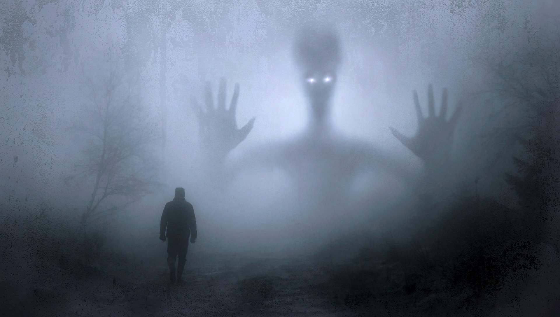 man walking in a foggy area towards a spirit