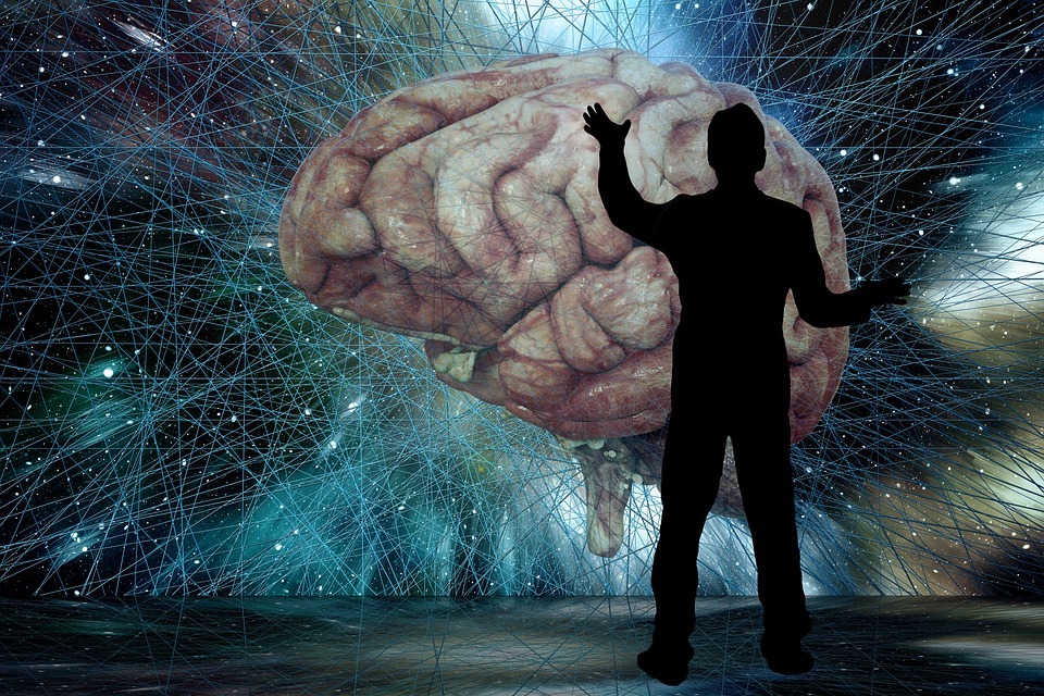 silhouette of a man reaching out to a human brain